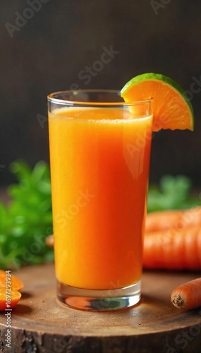 Freshly squeezed carrot juice in a glass, vibrant orange color, healthy drink, nutritious beverage , orange juice, smoothie, diet