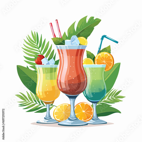 Colorful vector illustration of tropical cocktails in decorative glasses with fruit garnishes and ice cubes