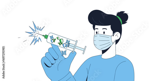 A medical professional develops a new vaccine, using a syringe to eliminate microscopic pathogens, symbolizing a breakthrough in immunology research