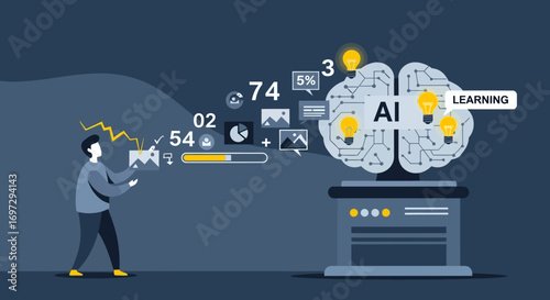 Conceptual illustration of a person feeding data to an artificial intelligence brain for machine learning and digital innovation