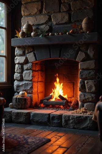 Cozy and inviting hearth, glowing embers casting a warm, enchanting light on the surrounding stone Perfect for autumn or winter themes, home comfort, and relaxation , peace, burning wood