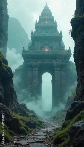 Mysterious Stone Structures Emerge from Mist, hinting at a Lost Civilization.  Intricate carvings adorn the ethereal gothic architecture, suggesting forgotten magic and power.