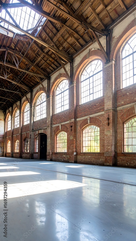 Obraz premium Spacious interior of an old industrial building, featuring high ceilings, a large expanse of arched windows, and a polished floor.