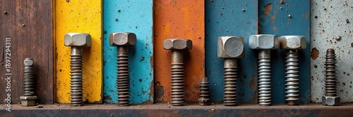 Close-up shot of various bolts against diverse textured backgrounds, including wood, metal, and concrete Ideal for industrial, construction, and DIY projects , construction, industrial