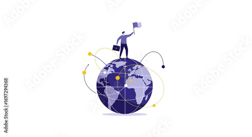 Global Business Expansion Businessman Planting Flag on World Globe Illustration