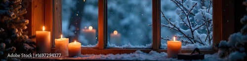 Winter Wonderland Window Scene Candlelight Illuminates Snow-Covered Branches, Creating a Warm and Inviting Evening Atmosphere, Perfect for Holiday Cards and Winter Designs
