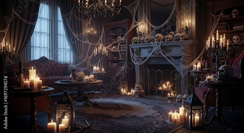 Spooky halloween interior with skulls, candles, and cobwebs in a dark room.