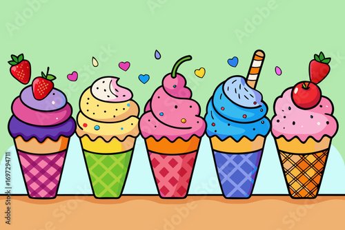 Ice-cream. Colored ice cream cones. Colorful ice cream candy in a row. Colorful Ice Cream Scoops Stacked.