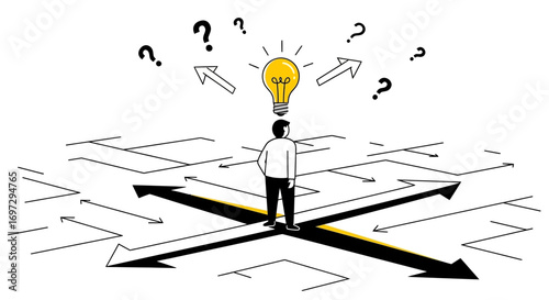 Conceptual illustration of a person at a crossroads, navigating career choices and business strategy with a creative idea