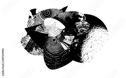 Vector Abstract faces composed of swirling lines and halftone dots.