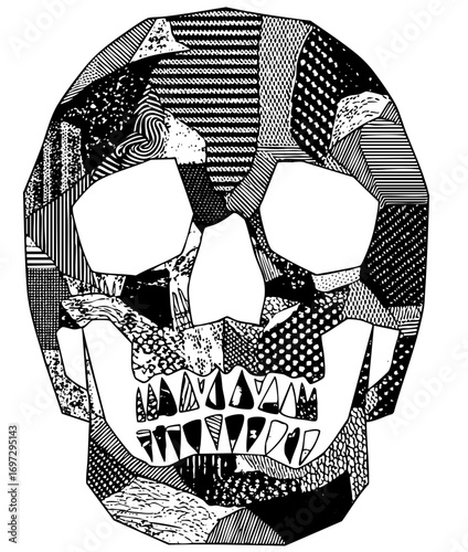 Vector Intricate skull composed of patterned vector shapes.