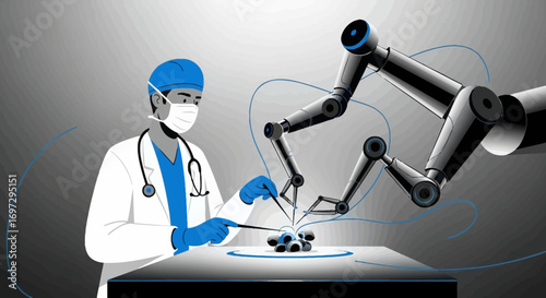 Medical innovation concept with a surgeon and robotic arms performing a delicate, precise operation on a futuristic operating table