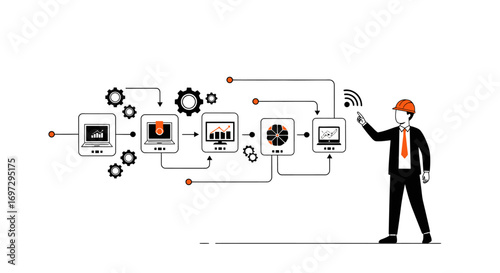 Industrial engineer overseeing a secure data management and analytics workflow with remote wireless technology integration