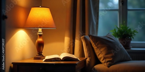 Elegant modern table lamp illuminates a cozy reading nook, casting warm light on a side table with a book Perfect for interior design and home decor projects , stylish, elegant
