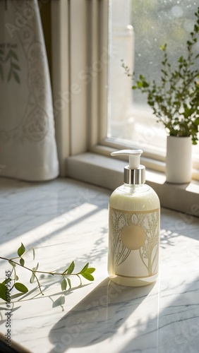 Minimal Hand Lotion on Marble. Hand lotion bottle styled against marble with soft window light—understated elegance in skincare.
