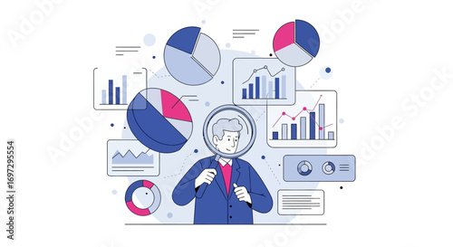 A business analyst meticulously examines diverse data sets, charts, and financial reports, synthesizing information for strategic market insights and growth