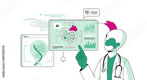 Futuristic doctor using artificial intelligence for advanced brain scan analysis and genetic research on a holographic interface