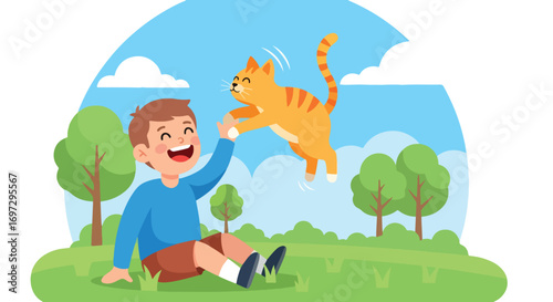Adobe illustrator artwork vector illustration of a cheerful boy playing outdoors, happily throwing his playful cat into the air in a lush green park