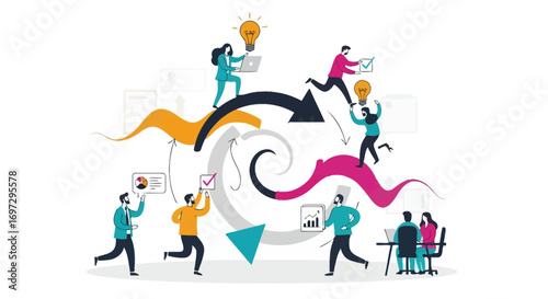 Dynamic illustration of a collaborative business process, demonstrating iterative development, teamwork, and idea generation within a continuous workflow cycle