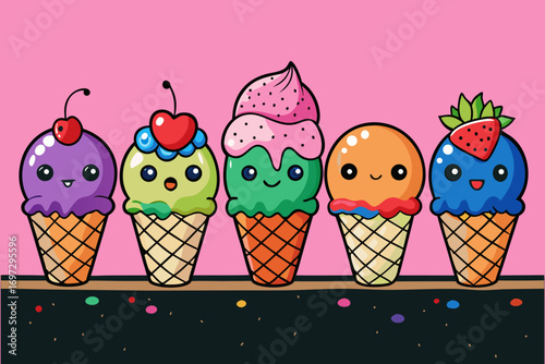 Ice-cream. Colored ice cream cones. Colorful ice cream candy in a row. Colorful Ice Cream Scoops Stacked.