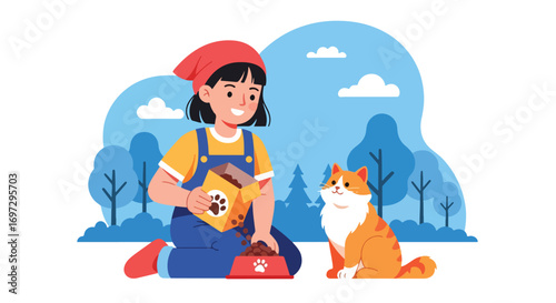 Adobe illustrator artwork vector illustration of a kind girl feeding her happy cat, perfect for themes of pet care, responsibility, and animal companionship