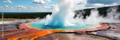 Spectacular geyser erupting, hot water and steam rising high into the air, surrounded by colorful geothermal landscape A stunning display of nature's power , spectacle, scenic, travel
