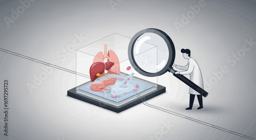 Doctor Examining Organ Model with Magnifying Glass