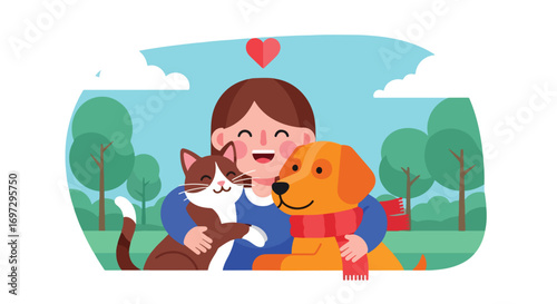 Adobe illustrator artwork vector illustration of a happy girl hugging her cat and dog, symbolizing love, friendship, and the joy of pet companionship