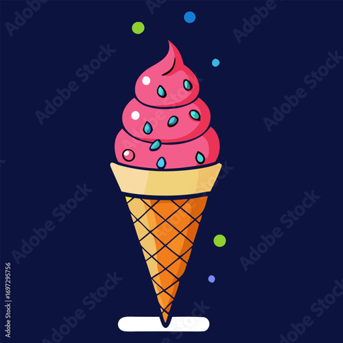 Ice-cream. Colored ice cream cones. Colorful ice cream candy in a row. Colorful Ice Cream Scoops Stacked.