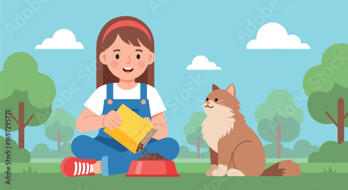 Adobe illustrator artwork vector illustration of a kind girl feeding her happy cat, perfect for themes of pet care, responsibility, and animal companionship