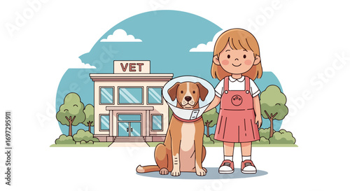 Adobe illustrator artwork vector illustration of a caring girl comforting her dog with a cone at the vet clinic, emphasizing pet health, compassion, and veterinary care