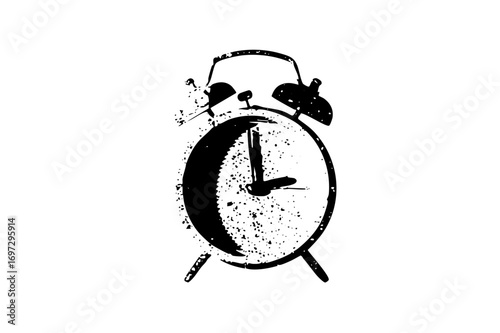 Vector Distressed black alarm clock with hands pointing to ten oclock.