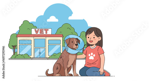 Adobe illustrator artwork vector illustration of a caring girl comforting her dog with a cone at the vet clinic, emphasizing pet health, compassion, and veterinary care