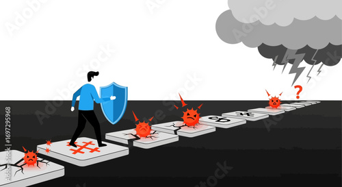 Protecting against an advancing threat with a shield, symbolizing defense and preparedness