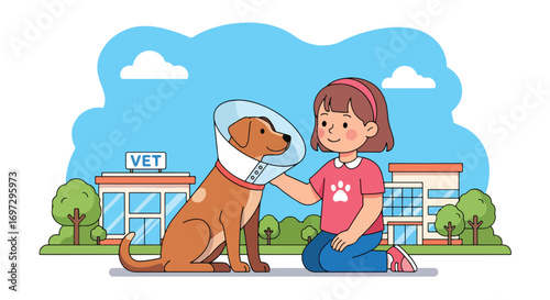 Adobe illustrator artwork vector illustration of a caring girl comforting her dog with a cone at the vet clinic, emphasizing pet health, compassion, and veterinary care