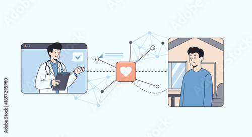 A doctor provides virtual medical consultation to a patient at home through an online platform, illustrating modern telemedicine and digital healthcare