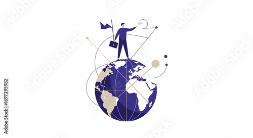 Conceptual illustration of a visionary business leader standing on a connected globe, charting a course for swift international expansion and success