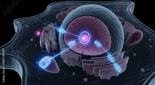 Dynamic 3D illustration of a vibrant biological cell, revealing intricate internal organelles and glowing energy pathways representing molecular communication and essential life processes