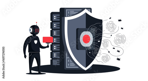 Advanced AI robot providing robust cybersecurity and data protection for network servers against digital threats