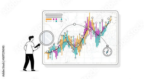 A financial analyst uses a magnifying glass to examine a complex data chart, illustrating market research and investment strategy concepts