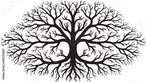 Striking black silhouette of a bare tree's intricate branching structure creating a sense of strength and growth.
