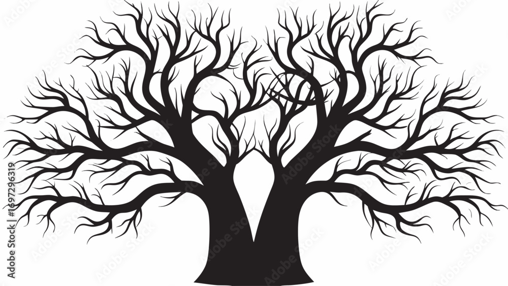 Fototapeta premium Striking silhouette of a bare ancient tree with intricate branching patterns, symbolizing nature's resilience and growth