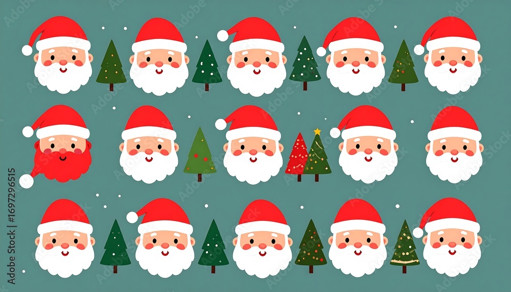Fototapeta premium Cute Santa and Christmas tree faces, arranged in a grid pattern