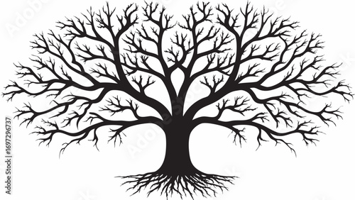 Striking black silhouette of a bare tree with intricate branches and roots, symbolizing life and nature