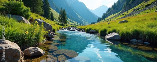 Crystal-clear mountain spring water flows freely in the Caucasus Mountains, reflecting the stunning natural landscape A pristine scene of untouched nature , flowing, reflection