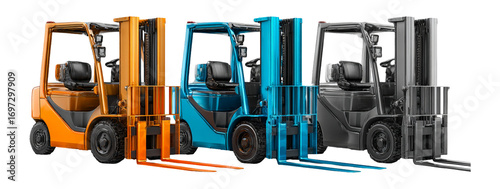 Colorful Industrial Forklifts in a Row for Transportation and Logistics