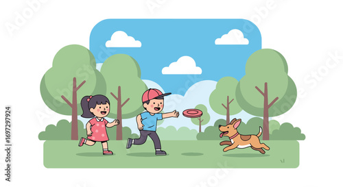 Adobe illustrator artwork vector illustration of happy kids playing frisbee with their dog in a park, perfect for themes of outdoor fun, family, and pet interaction