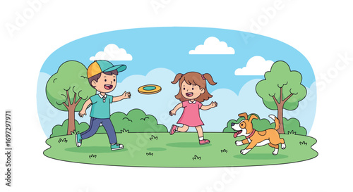 Adobe illustrator artwork vector illustration of happy kids playing frisbee with their dog in a park, perfect for themes of outdoor fun, family, and pet interaction