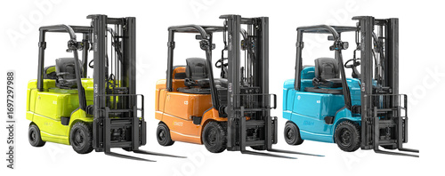Colorful Electric Forklifts in Industrial Setting for Warehouse Use