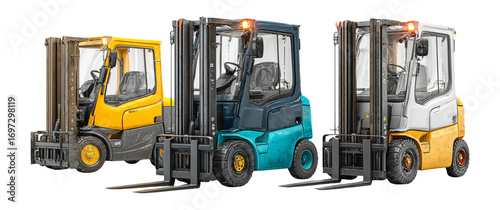Three Colorful Forklifts in a Warehouse Setting for Industrial Use